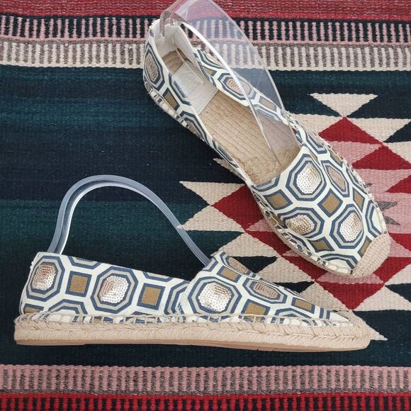 Tory Burch Cecily Embellished Espadrille Flats Sz‎ 9.5 Tan Canvas Sequin Rattan - Picture 2 of 10